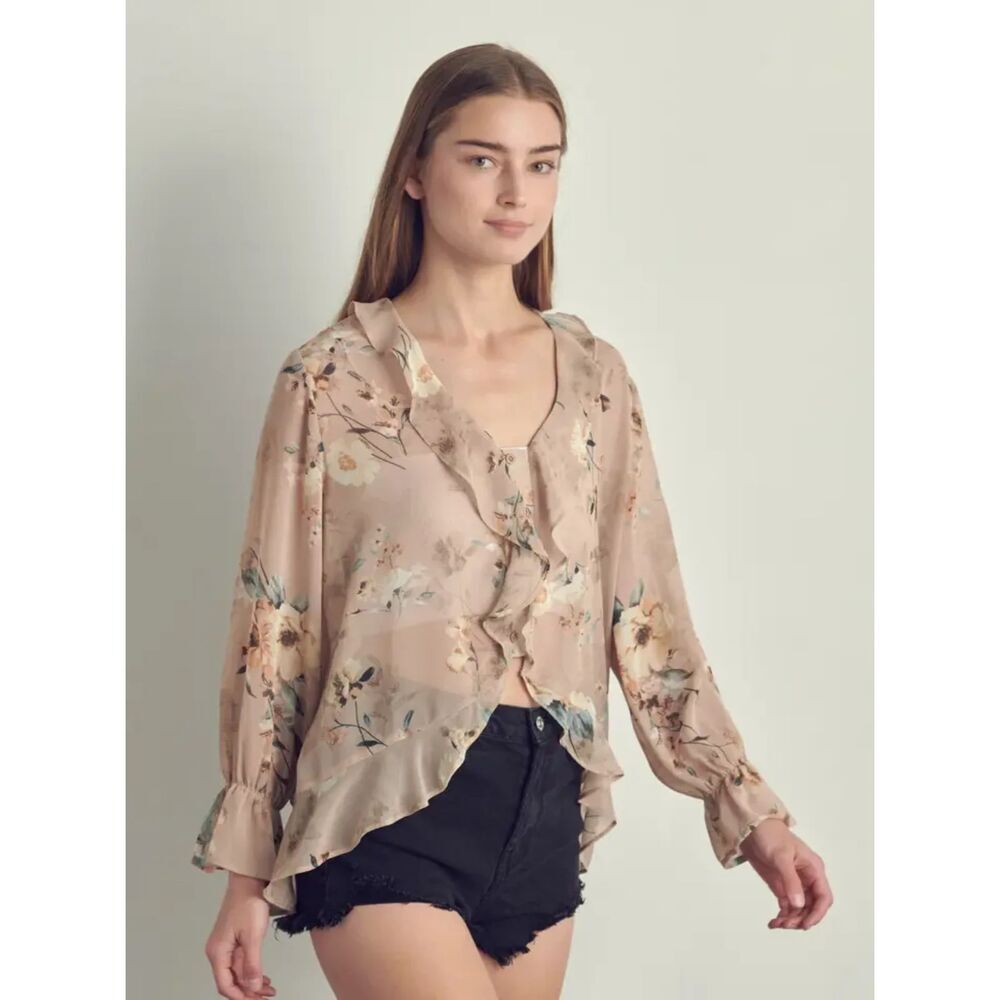 M&M Sheer Floral Ruffle Blouse Size Medium